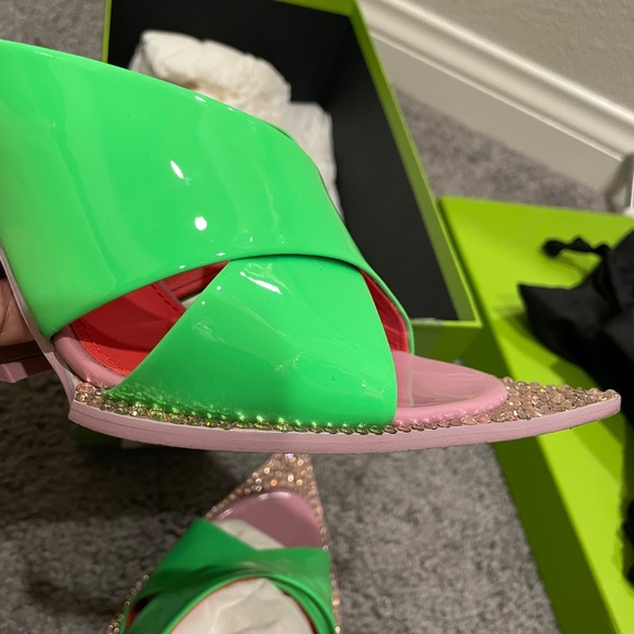 DOLCE & GABBANA Tapered-Heel Green Pink Leather Open-Crystal Toe Leather Sandals - Picture 13 of 15